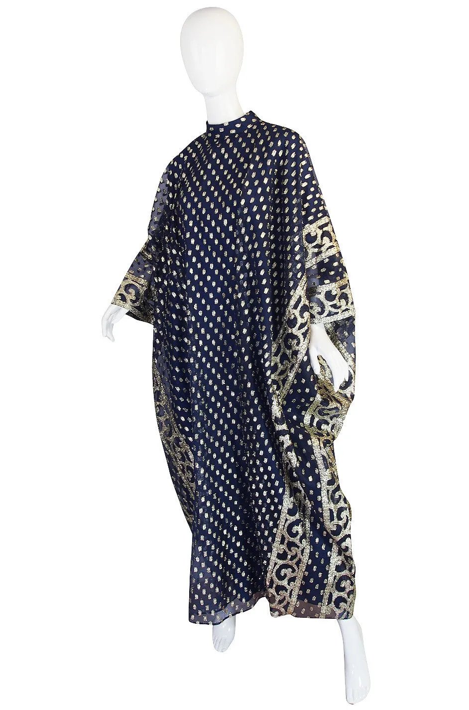 1960s Bergdorf Goodman Metallic Blue and Gold Caftan