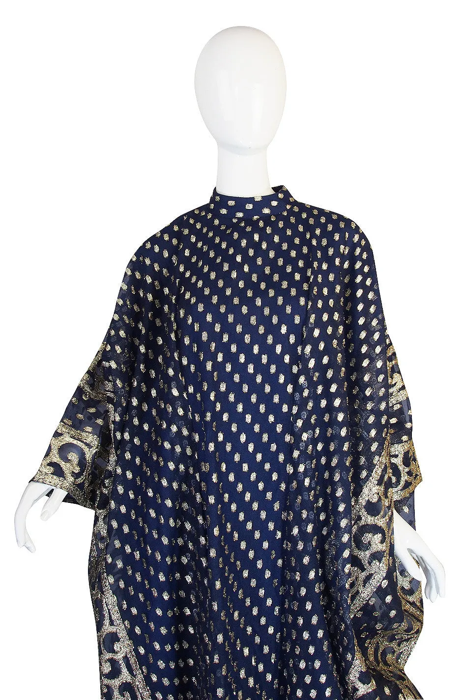 1960s Bergdorf Goodman Metallic Blue and Gold Caftan