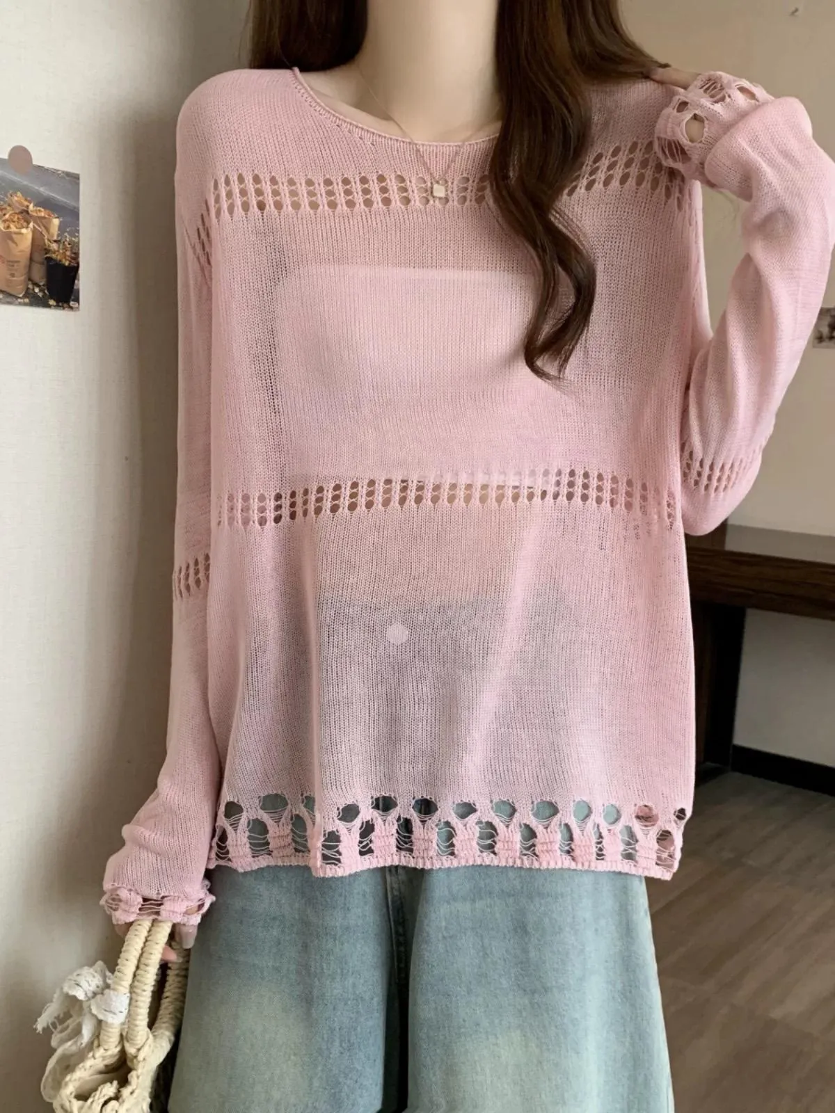 8240018 Hollow Loose Drop Shoulder Sweater *Pink