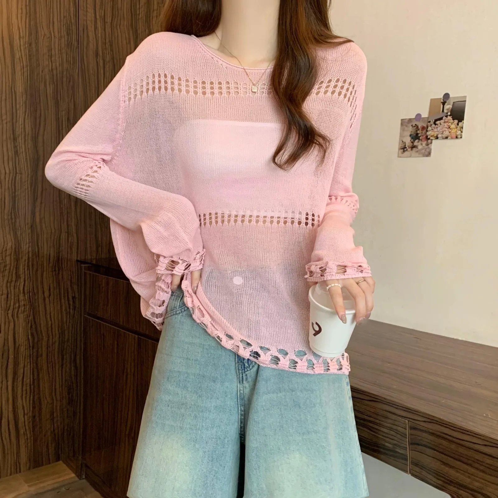 8240018 Hollow Loose Drop Shoulder Sweater *Pink