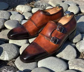 Awesome Handmade Men's Brown Leather Double Monk Strap Shoes, Men Cap Toe Goodyear Welted Dress Formal Shoes