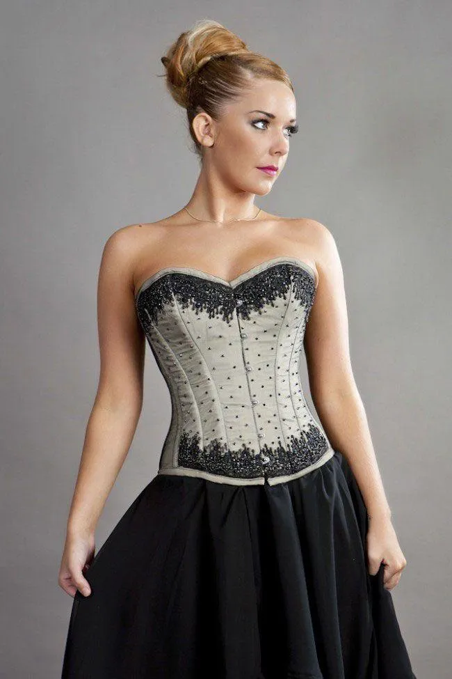 Chelsea Overbust Steel Boned Corset In Cream Taffeta & Black Mesh Overlay