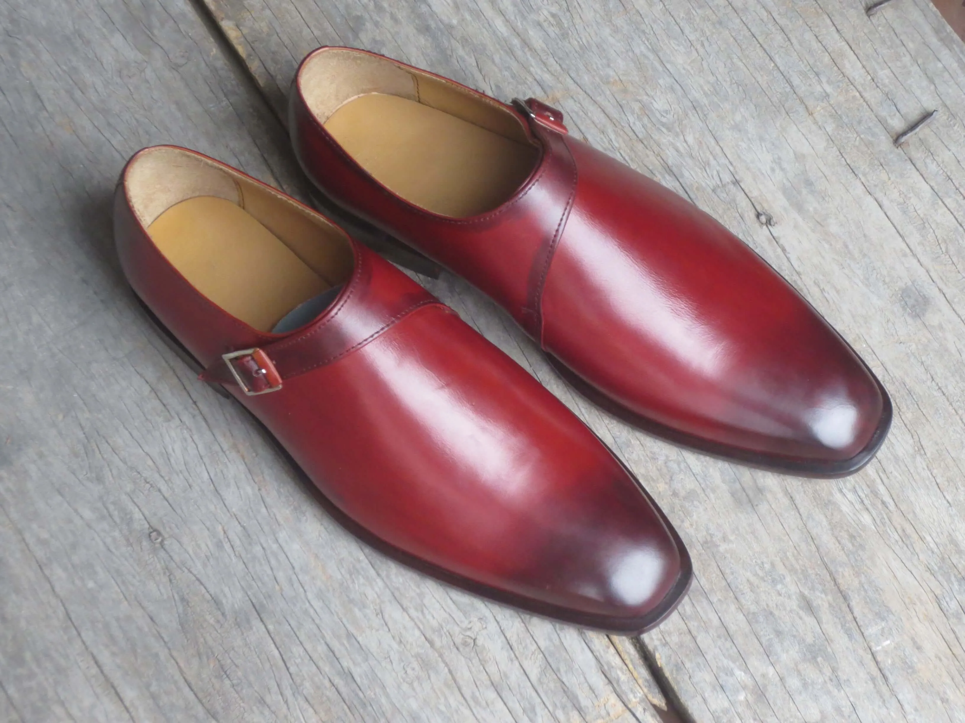 Classic Men's Handmade Burgundy Leather Monk Strap Burnished Toe Dress Shoes