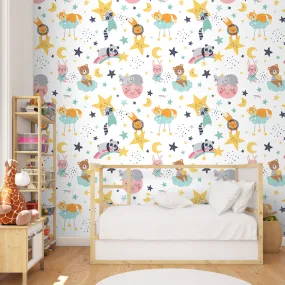 Cute Panda, Lion and Jungle Animals Nursery Room Wallpaper