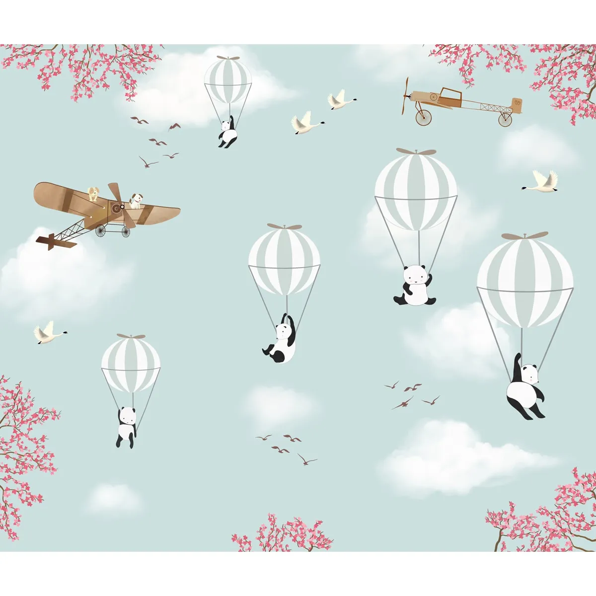 Flying Panda and Hot Air Balloons Kids Rooms Wallpaper, Customised