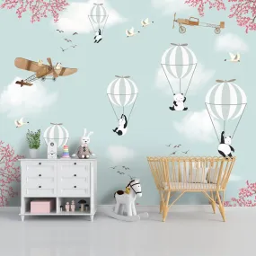 Flying Panda and Hot Air Balloons Kids Rooms Wallpaper, Customised