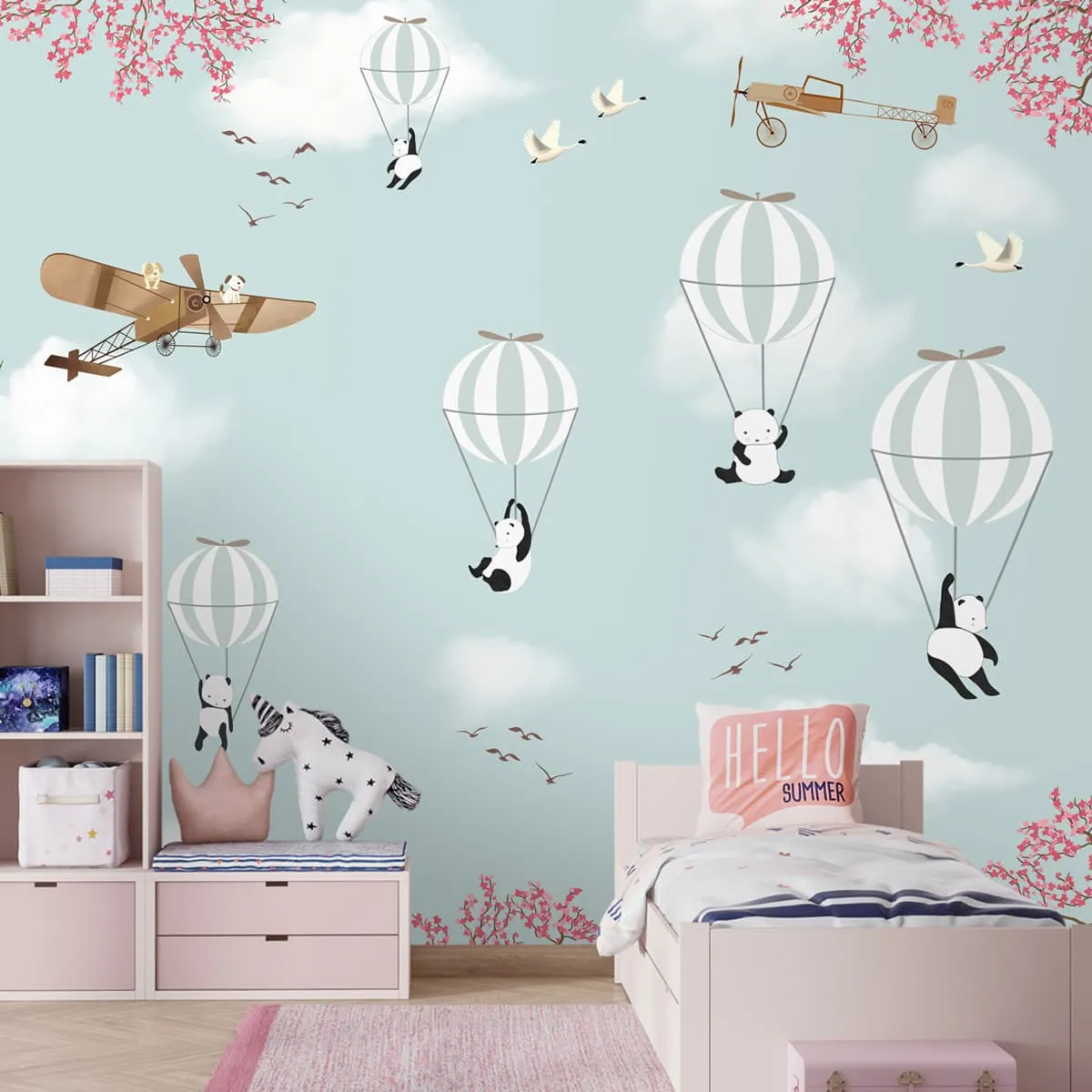 Flying Panda and Hot Air Balloons Kids Rooms Wallpaper, Customised