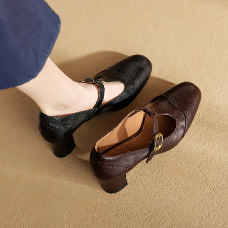 Handmade Leather T strap Detail Brogued Mary Jane Pumps in Black/Brown