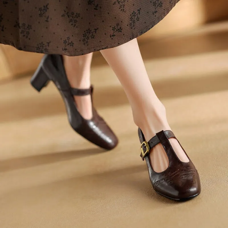 Handmade Leather T strap Detail Brogued Mary Jane Pumps in Black/Brown