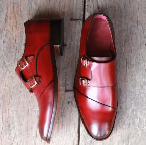 Handmade Men's Burgundy Wing Tip Leather Double Monk Strap Shoes, Men Designer Dress Formal Shoes