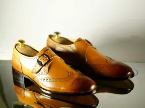 Handmade Men's Two Tone Tan Brown Leather Wing Tip Brogue Monk Strap Shoes, Men Designer Dress Formal Luxury Shoes