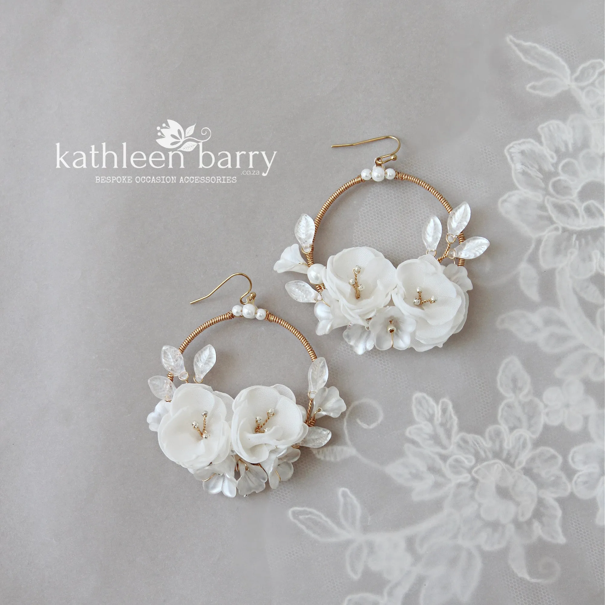 Jemma floral hoop earrings - Rose gold, gold or silver - Pale pink, ivory or white