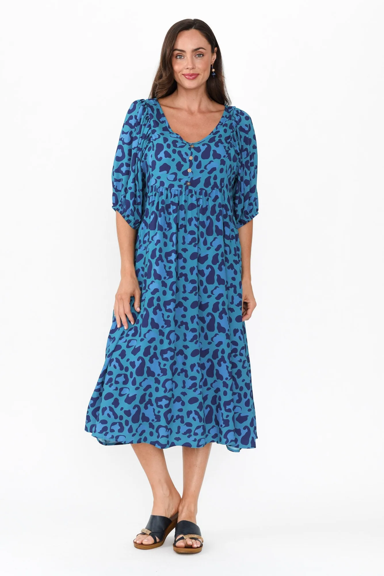 Kacey Blue Leopard Button Dress