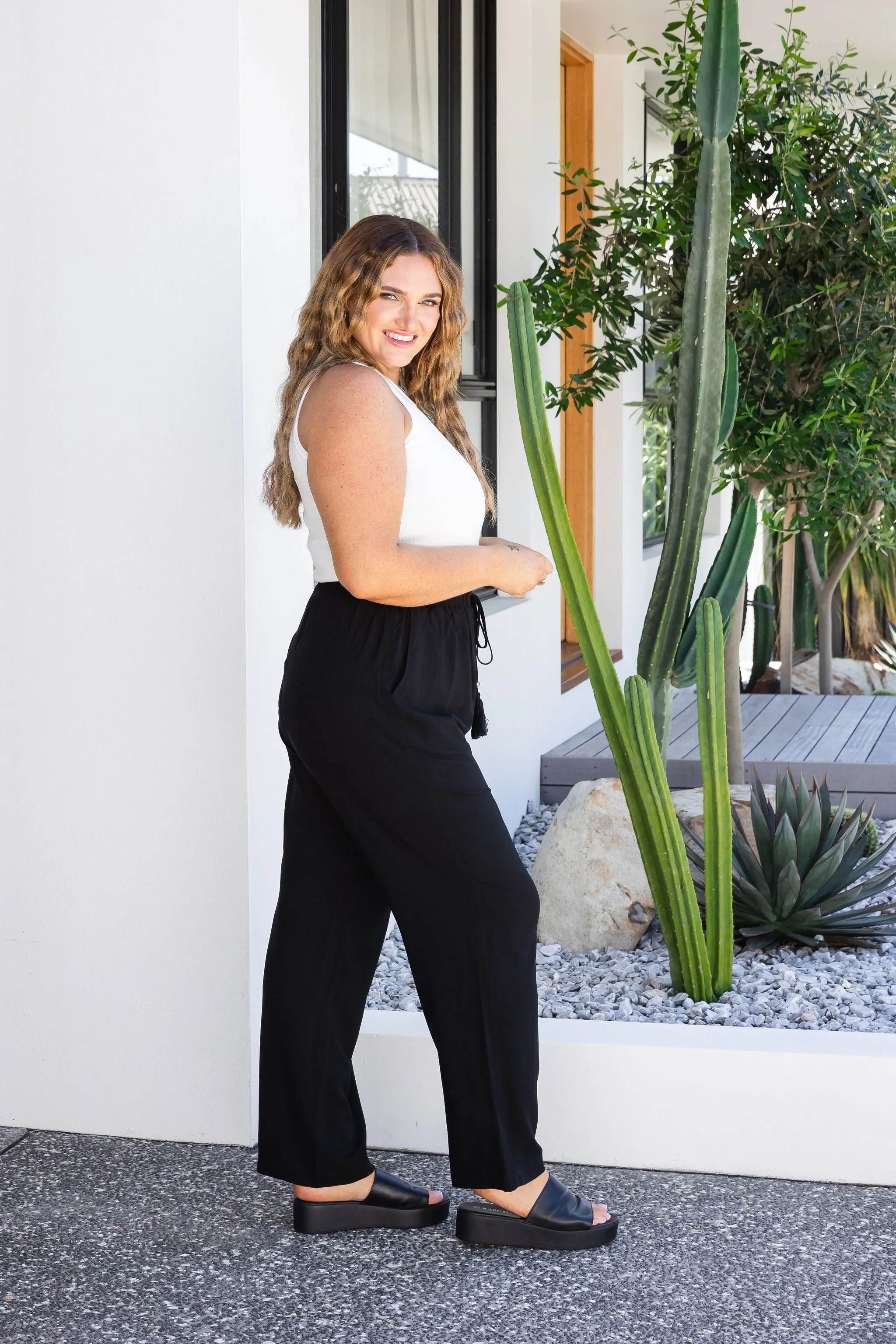 Nora Tassel Tie Pants in Black