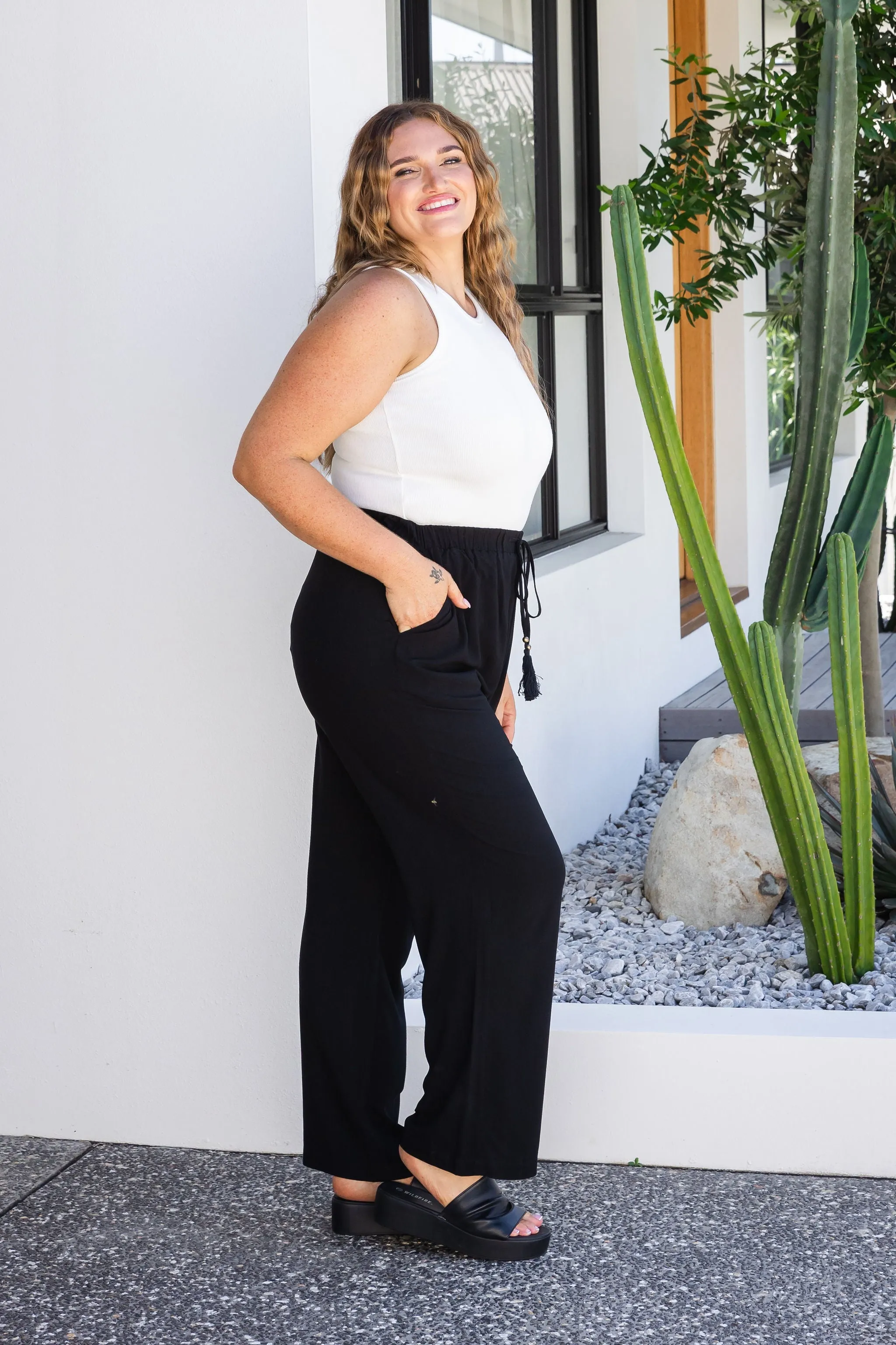 Nora Tassel Tie Pants in Black