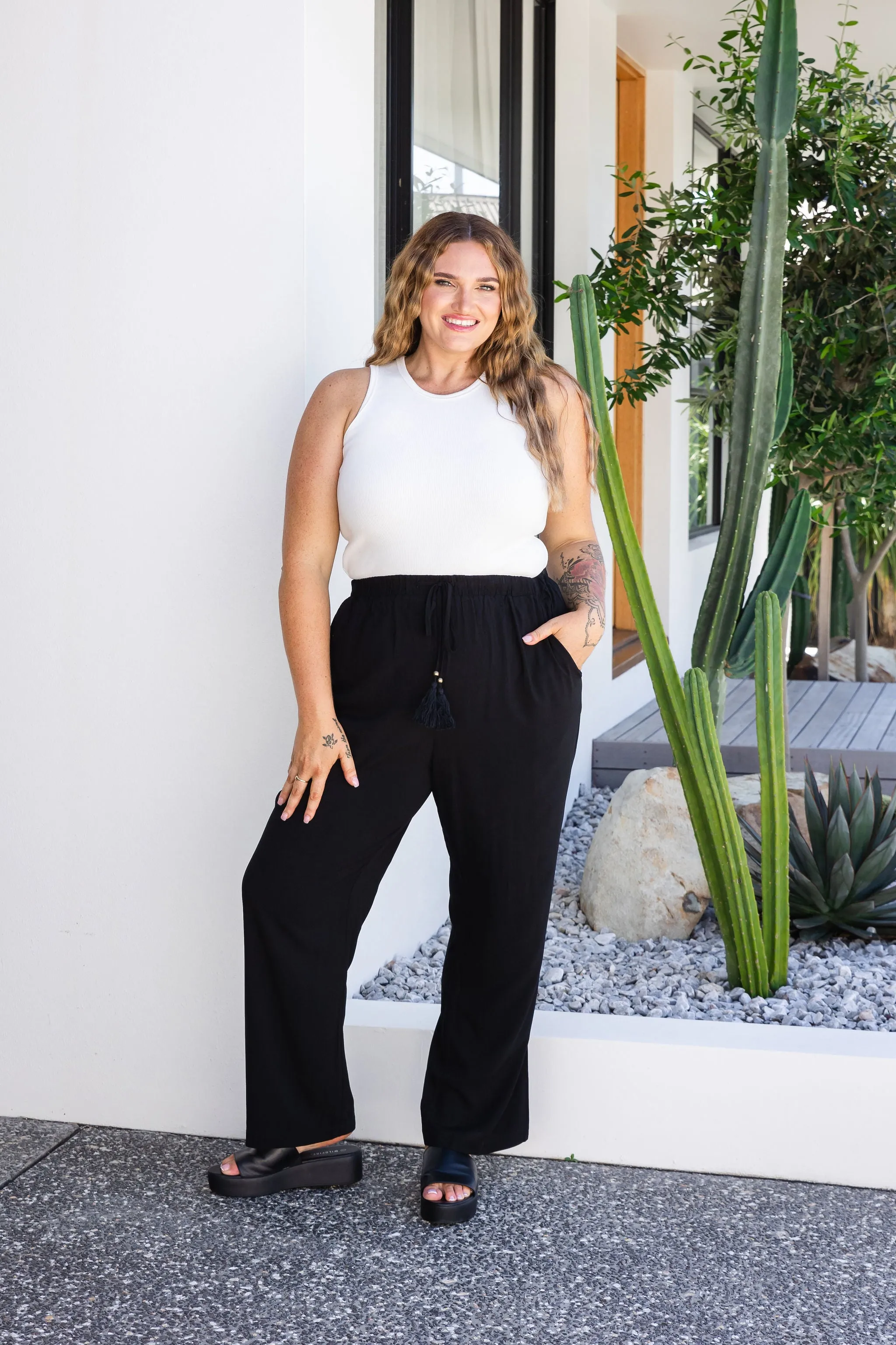 Nora Tassel Tie Pants in Black