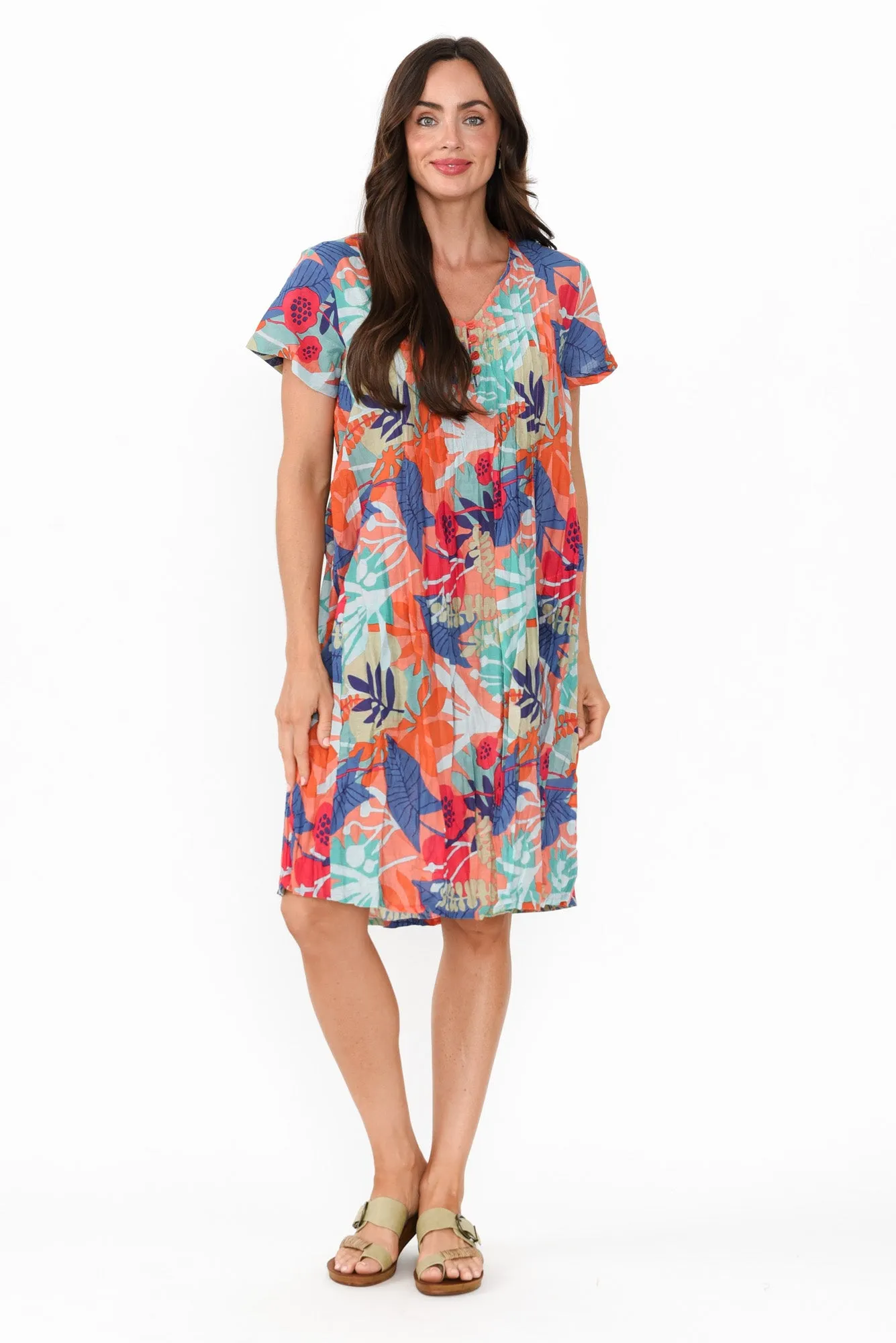 Sabina Peach Floral Crinkle Cotton Dress