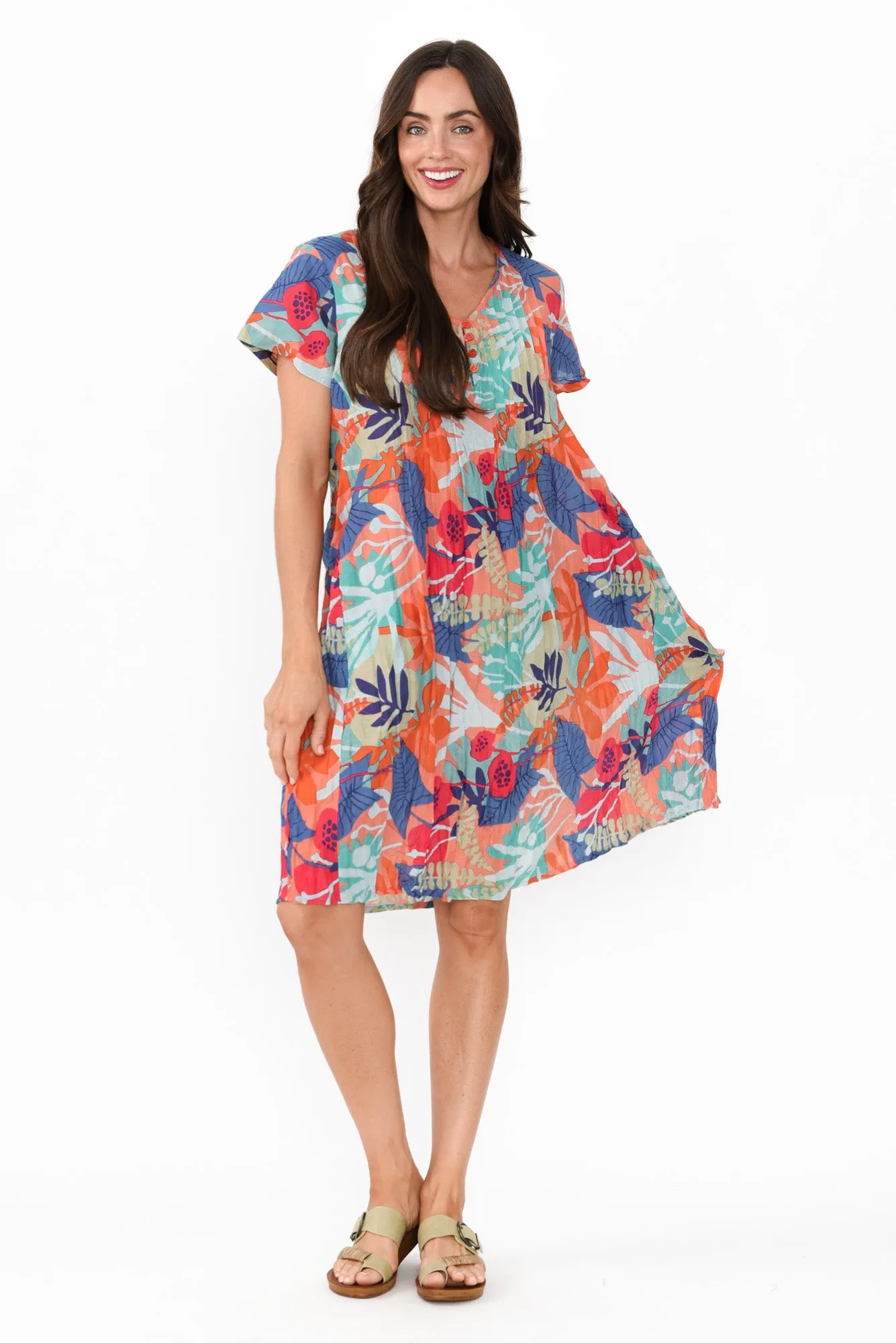 Sabina Peach Floral Crinkle Cotton Dress